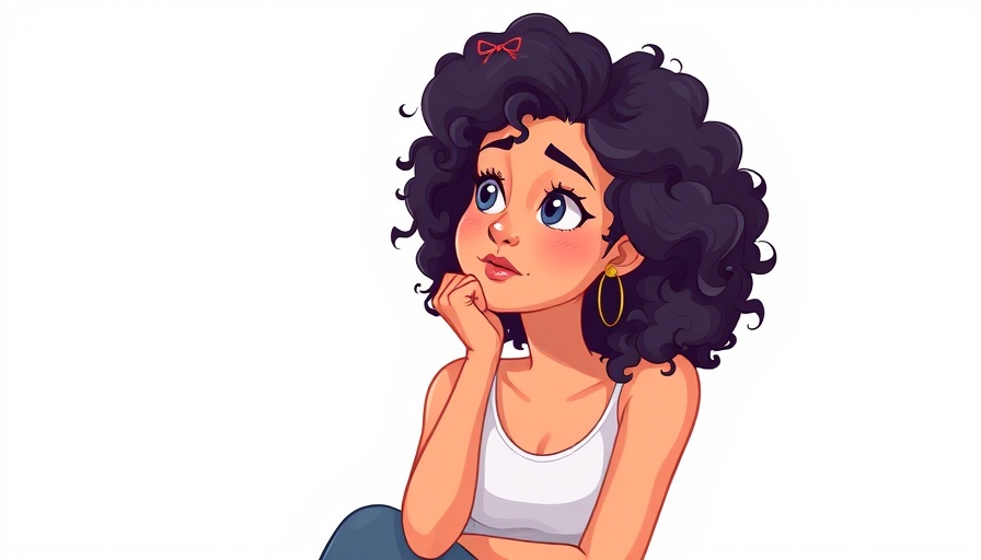 Cartoon woman sitting thoughtfully with curly hair.