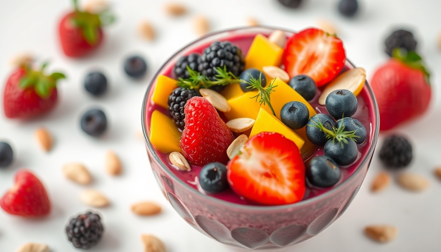 Vibrant acai bowl with fruits and almonds, healthy eating concept