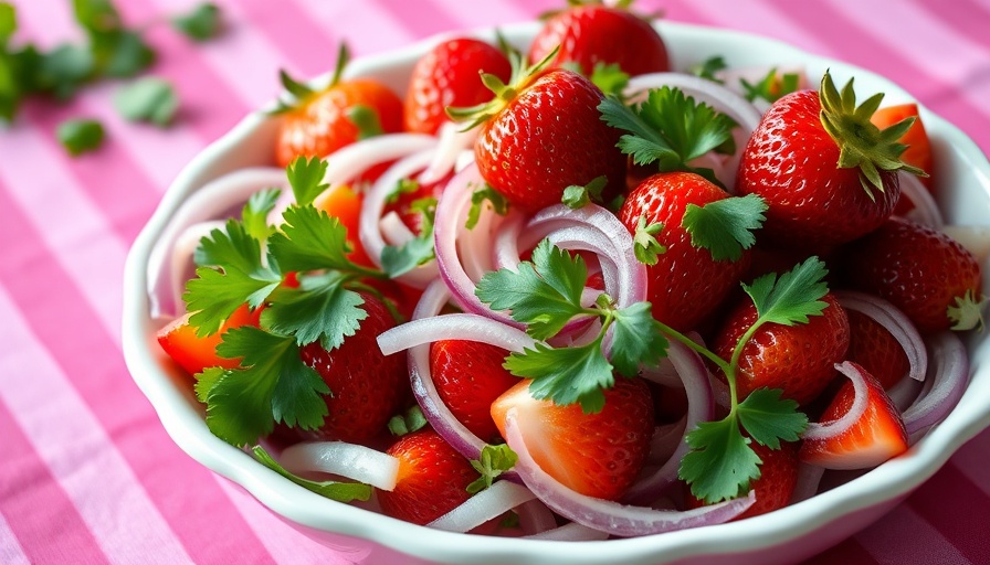 Colorful spicy strawberry aguachile with fresh vegetables.