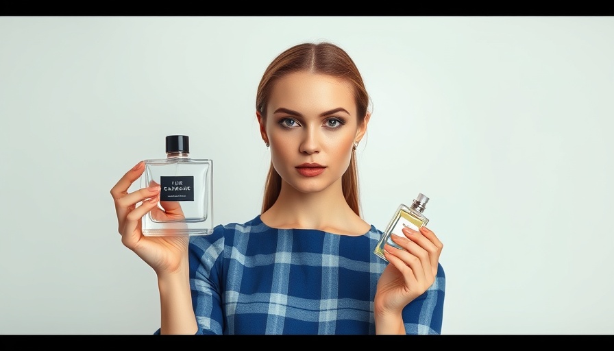 Woman in blue plaid dress holding perfumes, showcasing clean fragrance trends.