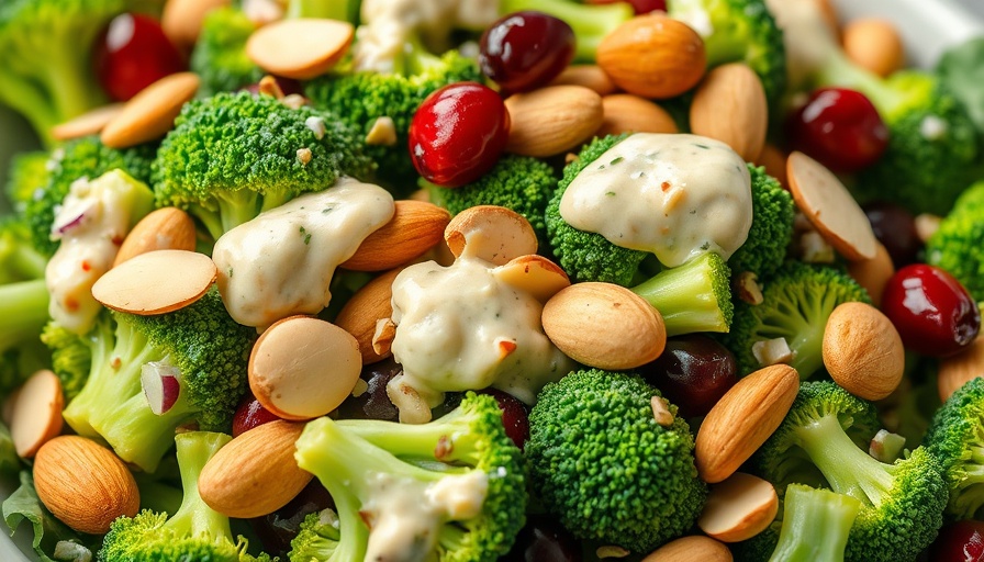 Vibrant broccoli salad recipe for cookouts with almonds and cranberries.