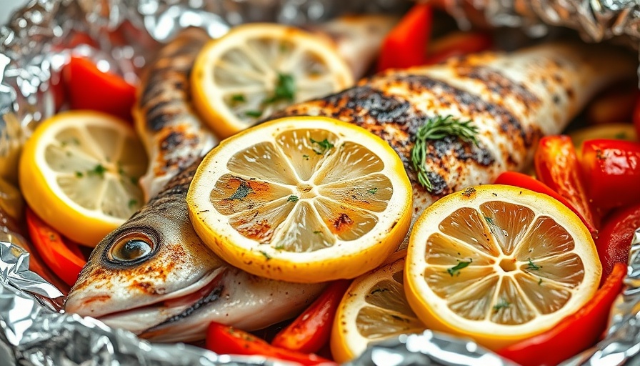 Mediterranean grilled fish foil packets with lemon and veggies.