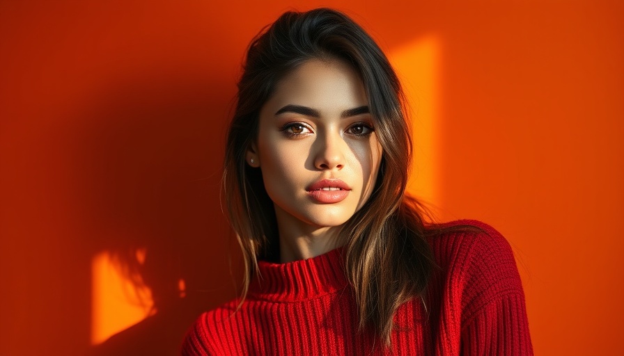 Juicy Orange Makeup for Summer: Confident stylish woman in red, vibrant background.