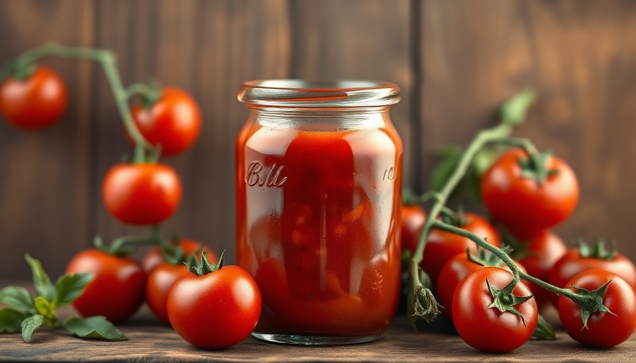 Sugar-free fermented ketchup jar with vine tomatoes.