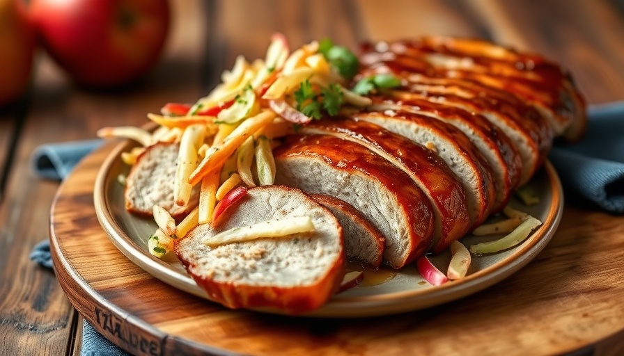 Maple-glazed pork tenderloin with apple slaw on rustic table.