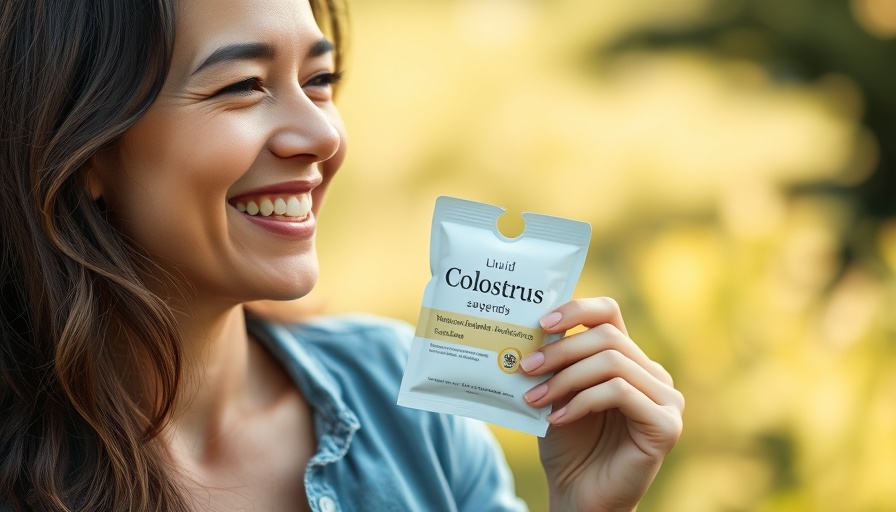 Woman holding liquid colostrum supplement outdoors, smiling.