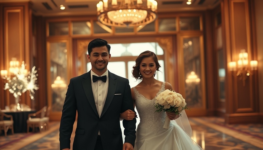 Bridal makeup and wedding couple walking through illuminated archway.