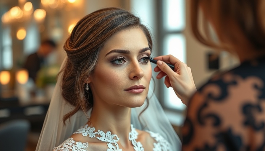 Bride receiving wedding hair and makeup in a salon.