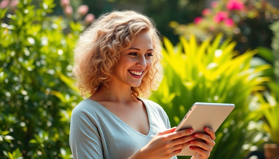 Woman with tablet outdoors, related to smudge-proof eyeliner tips for women over 40.