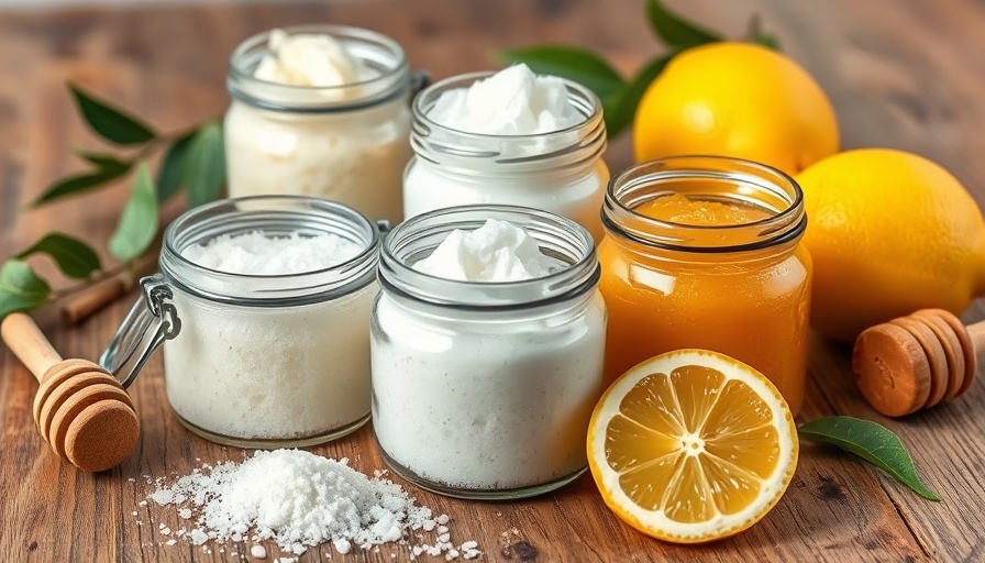 Assorted sugar face scrubs with natural ingredients like lemons and honey.