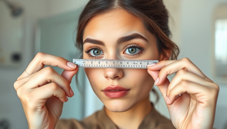 Woman measuring eye shape with ruler, photorealistic.