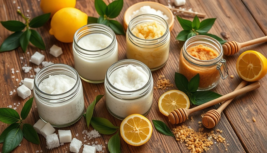 Various sugar face scrubs and natural ingredients on a rustic table.