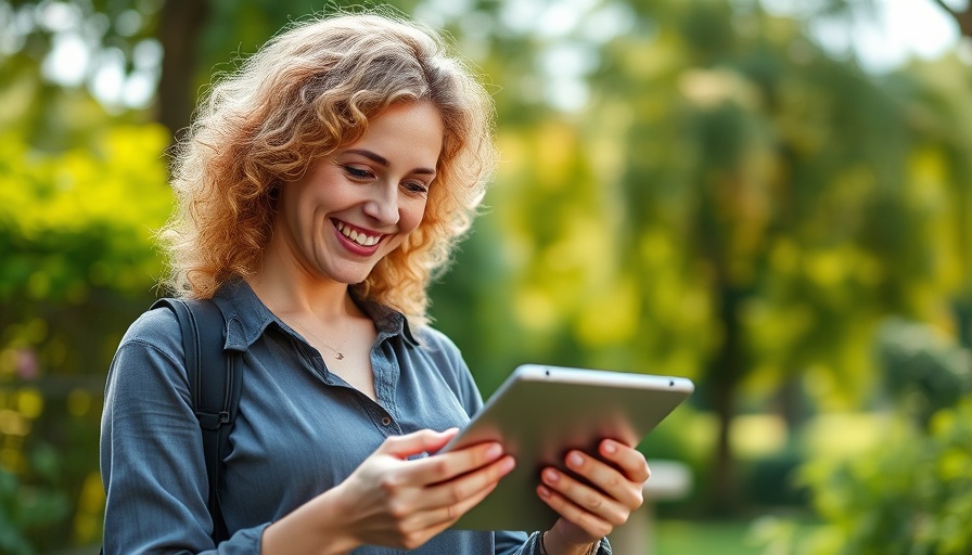Smiling woman using tablet outdoors with smudge-proof eyeliner.