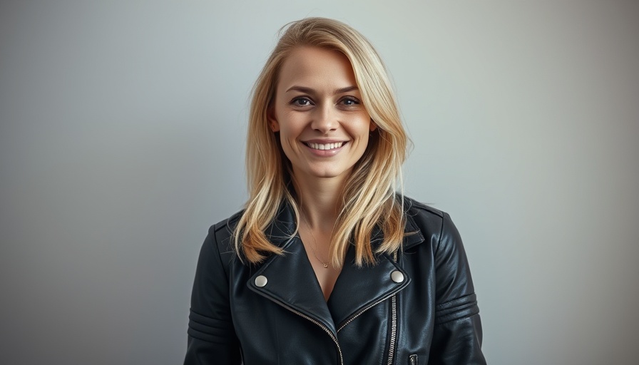 Smiling blonde woman in leather jacket, anti-aging skincare focus.