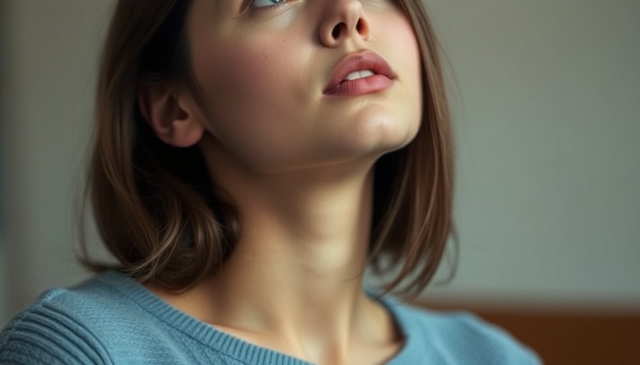 Contemplative woman with pink lips and blue sweater for anti-aging lip care.