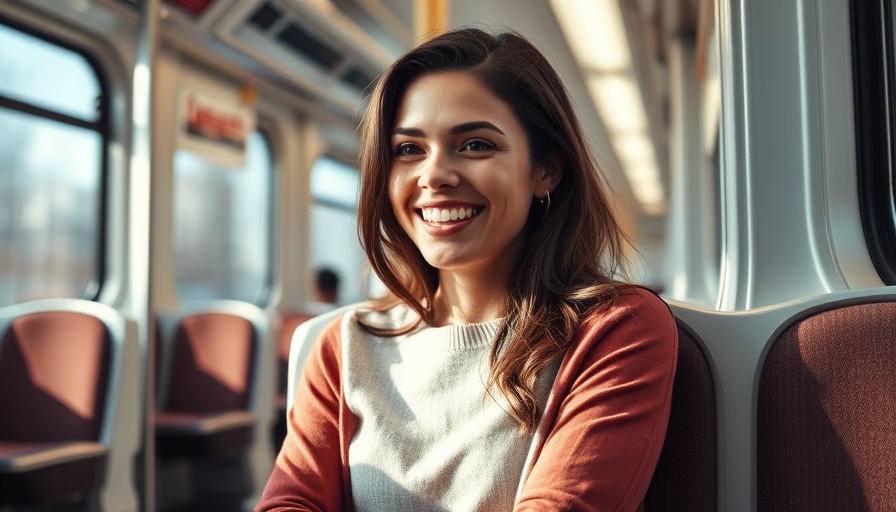 Woman on train discussing Everyday Lessons Women Teach Men, vibrant expression
