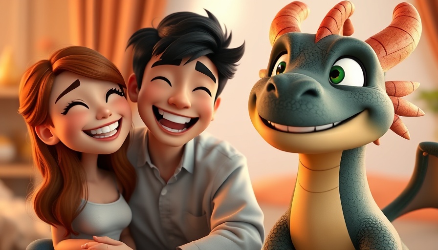 Quiz characters laughing alongside animated dragon in split image.