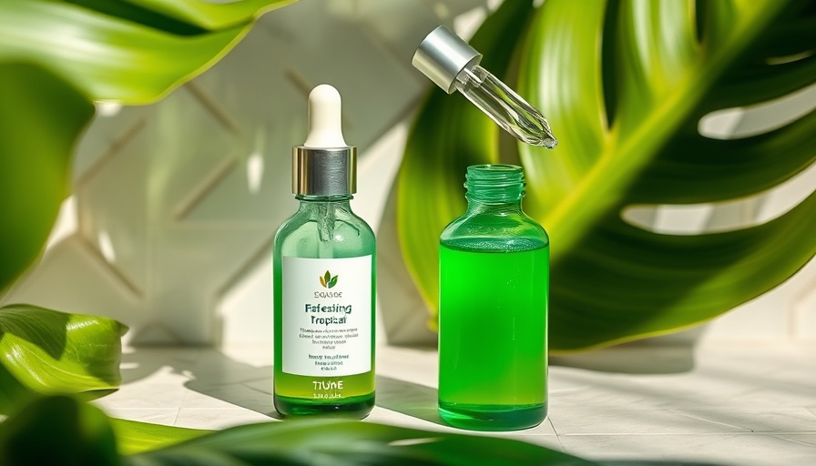Tropical serum to prevent dehydrated skin in winter, lush greenery background.