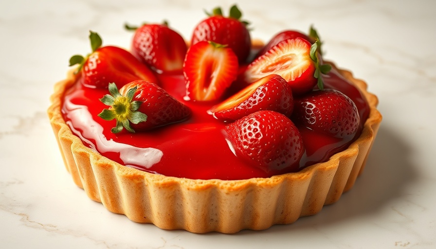 Strawberry Cream Pie on marble surface, glossy and vibrant.