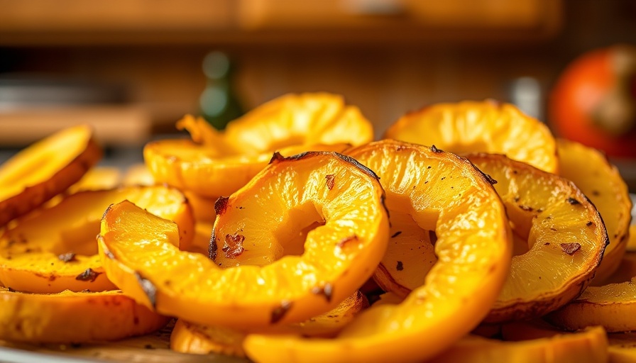 Roasted yellow squash slices with a wooden spatula.