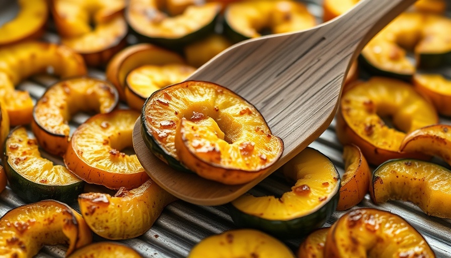 Healthy roasted yellow squash recipe on ribbed tray with spatula