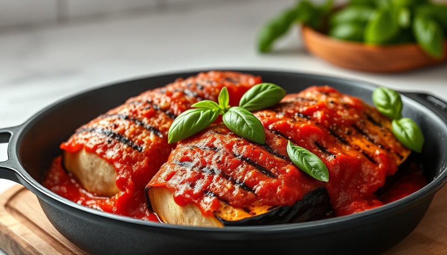 Grilled Eggplant Parmesan baked in a skillet with basil.