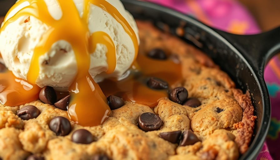 Peanut butter chocolate chip skillet cookie topped with melting ice cream.