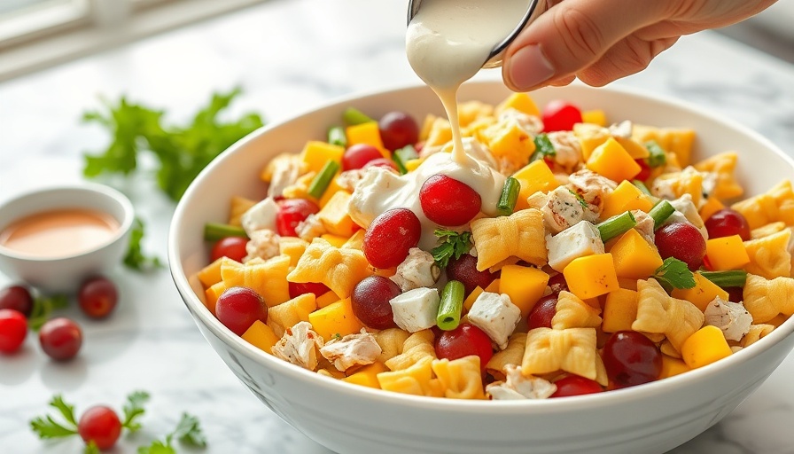 Mango Chicken Pasta Salad with fresh dressing being poured