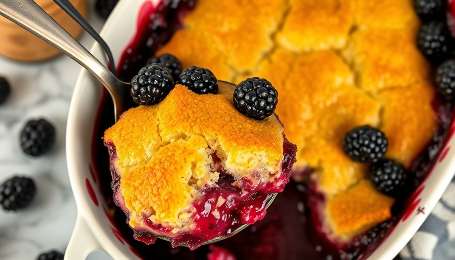 Delicious easy blackberry cobbler recipe served from a dish.