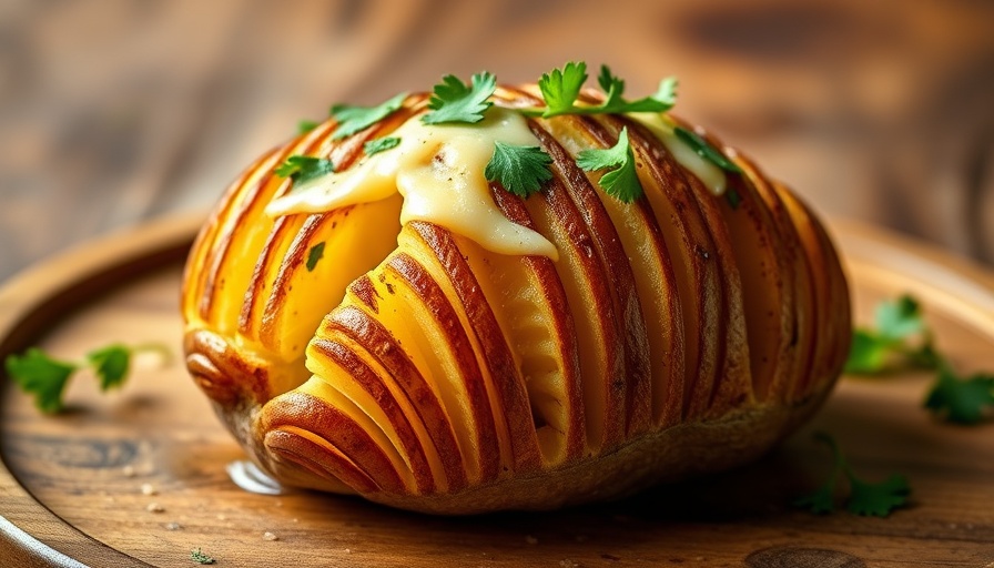 Cheesy garlic Hasselback potato with parsley garnish on a plate.