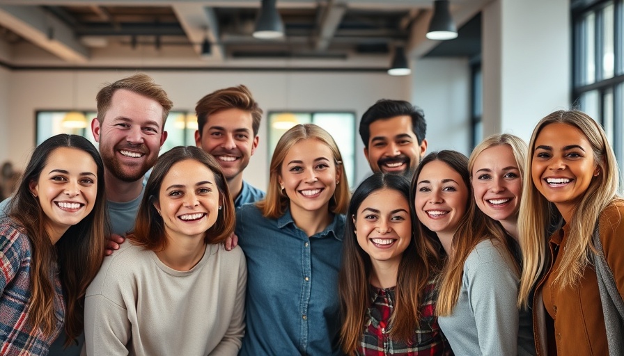 Cheerful group posing, smiles, embracing in a casual setting, skincare focus.