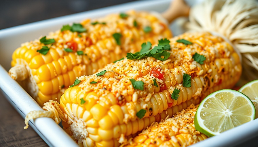 Healthy Mexican street corn with cheese and cilantro on tray.
