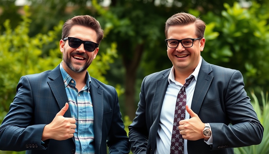 Confident man and humorous suited duo in celebrity scene.