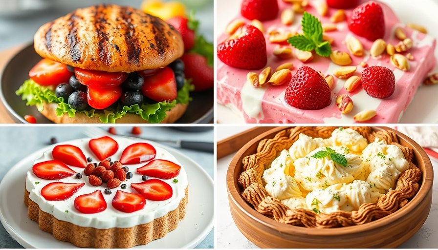 Fourth of July healthy recipes collage with burger, yogurt bark, pie, and potato salad.