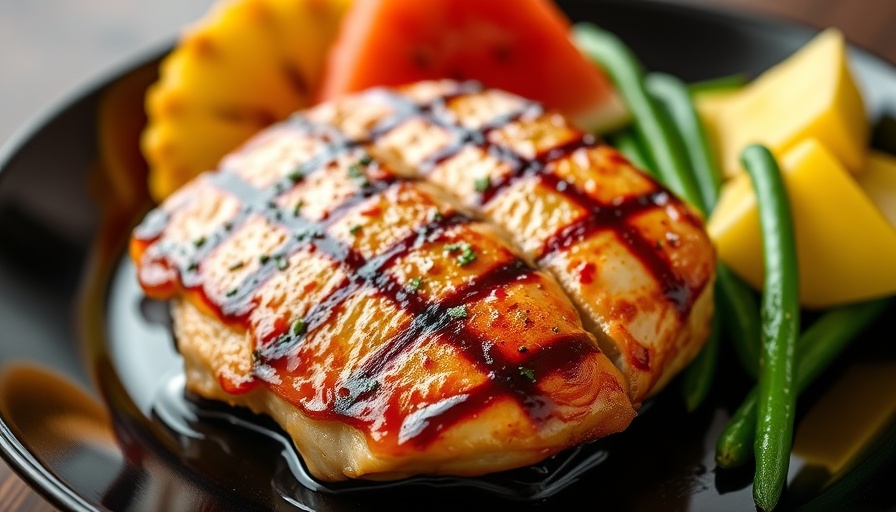Marinated grilled chicken with pineapple, watermelon, and green beans on a black plate.