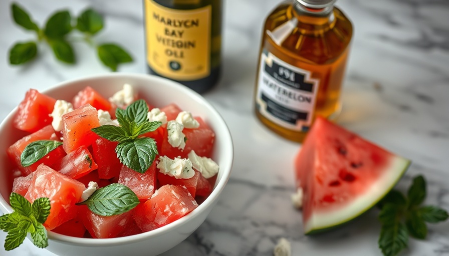 Vibrant watermelon mint salad with feta on marble.
