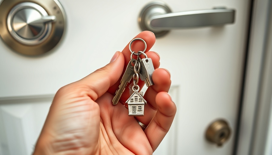 Hand with house keys and keychain next to door lock, homeownership journey tips.