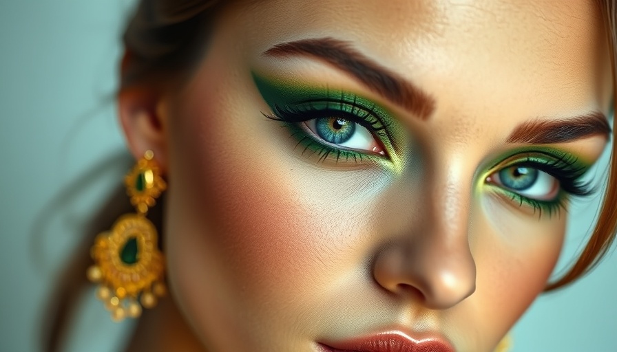 Close-up portrait featuring striking green eye makeup for glowing skin.