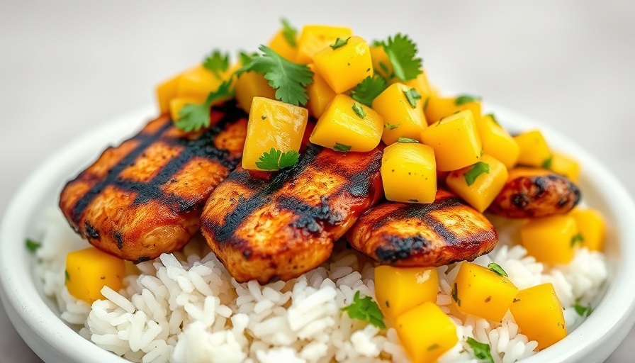Grilled jerk chicken with mango avocado salsa on rice.