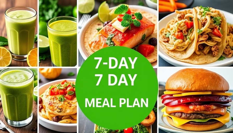 Colorful collage promoting a free 7-day healthy meal plan.