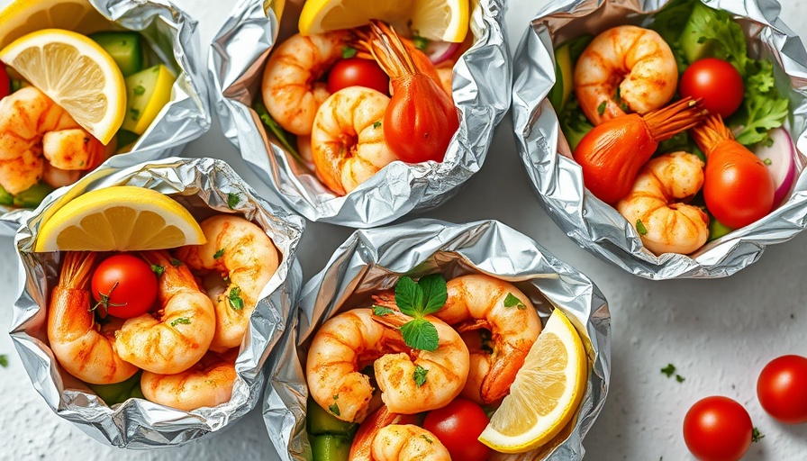 Healthy shrimp foil packets with vibrant veggies and lemon wedges.