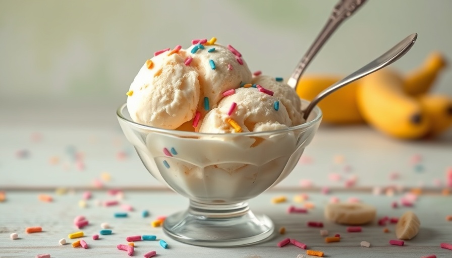 Delicious banana ice cream recipe in a glass with sprinkles.