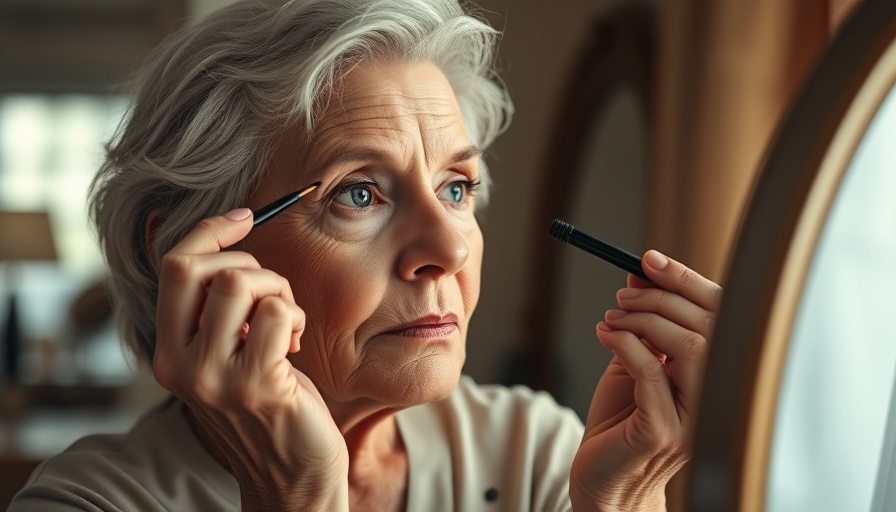 Sophisticated woman using eyeliner, makeup tips for aging eyes.