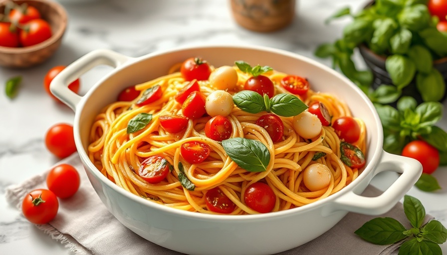 Vibrant summer pasta with cherry tomatoes and basil in a pot.