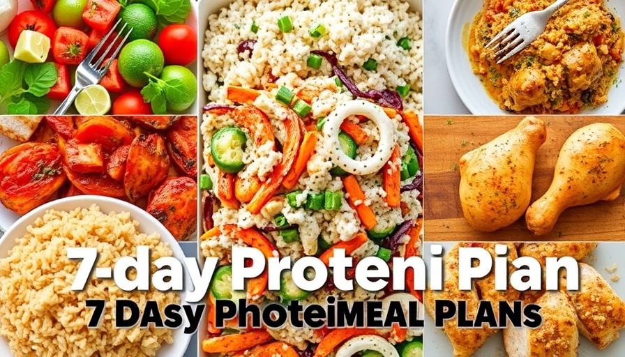 Colorful 7-day high protein diet meal plan with diverse dishes.