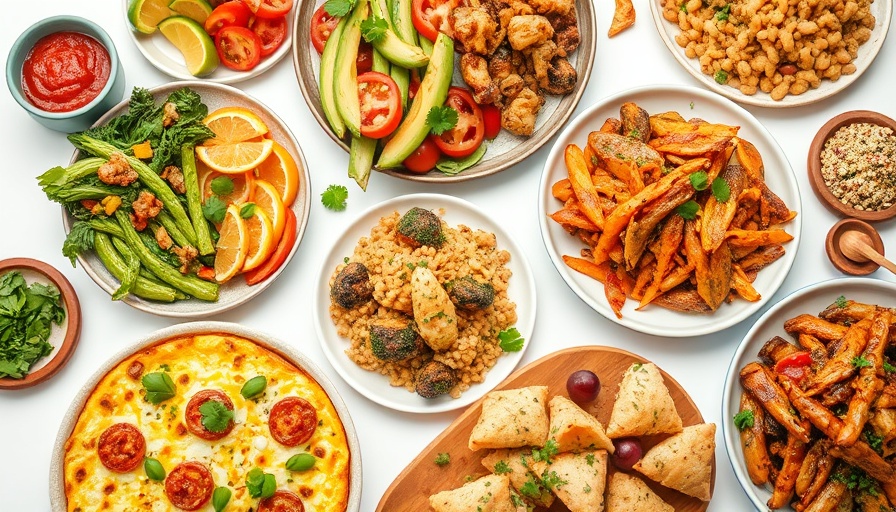 Colorful high-protein diet meal plan with various dishes.