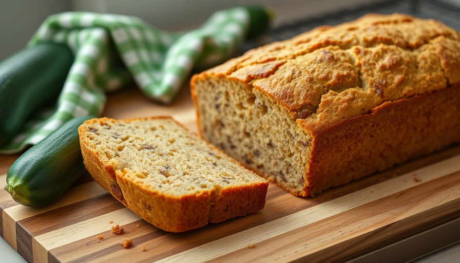 Freshly baked zucchini bread recipe with walnuts sliced on board