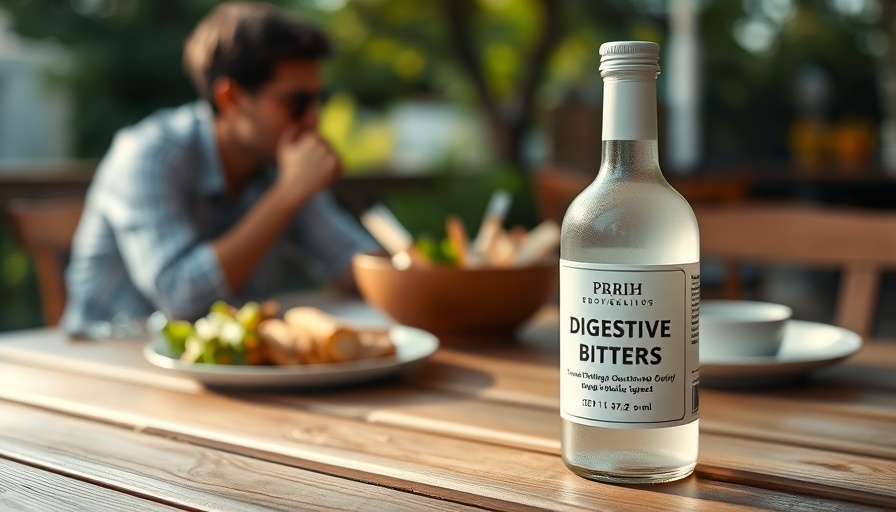 Just Thrive digestive bitters bottle with person eating salad in background.