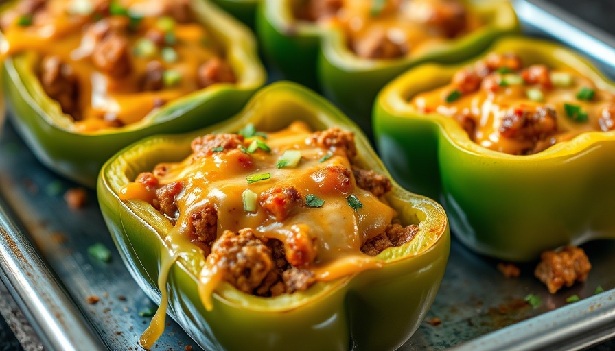Spicy stuffed bell peppers recipe with melted cheese and ground meat.