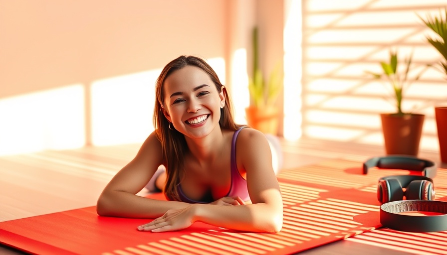 Relaxed woman using a red light therapy device on sunlit patio.